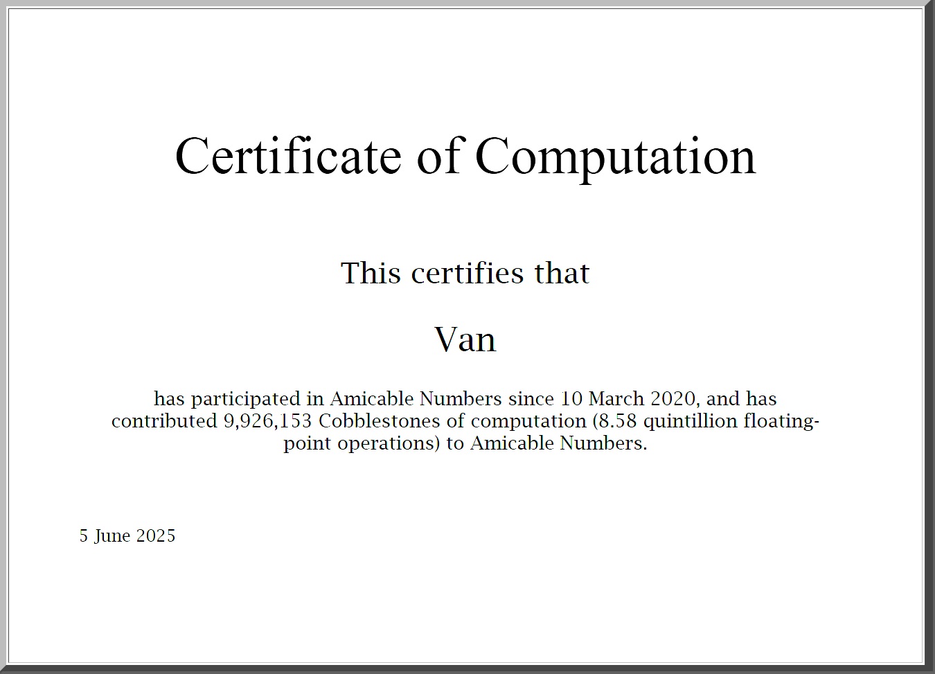 Amicable Numbers Certificate